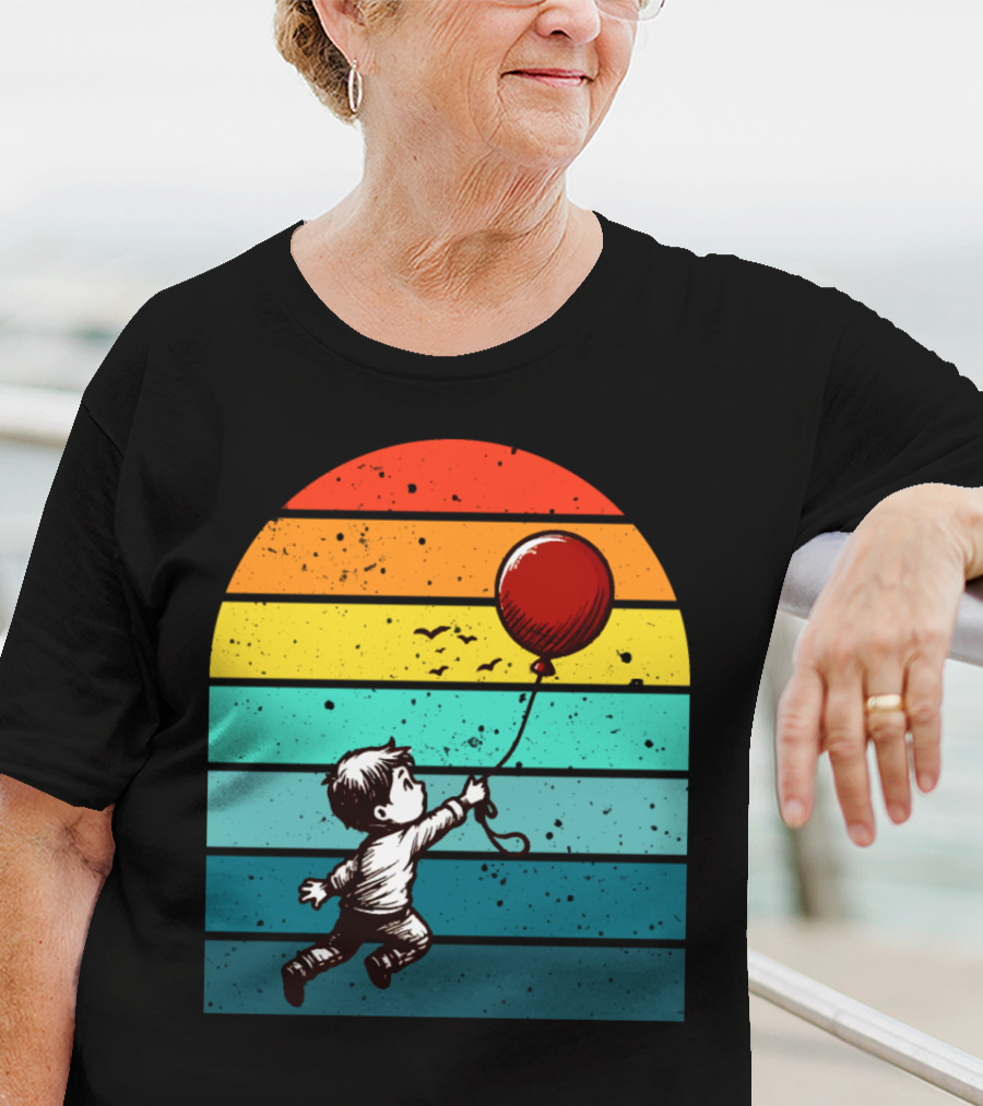 Childhood Nostalgia Boy With Balloon Rainbow Stripes T-Shirt