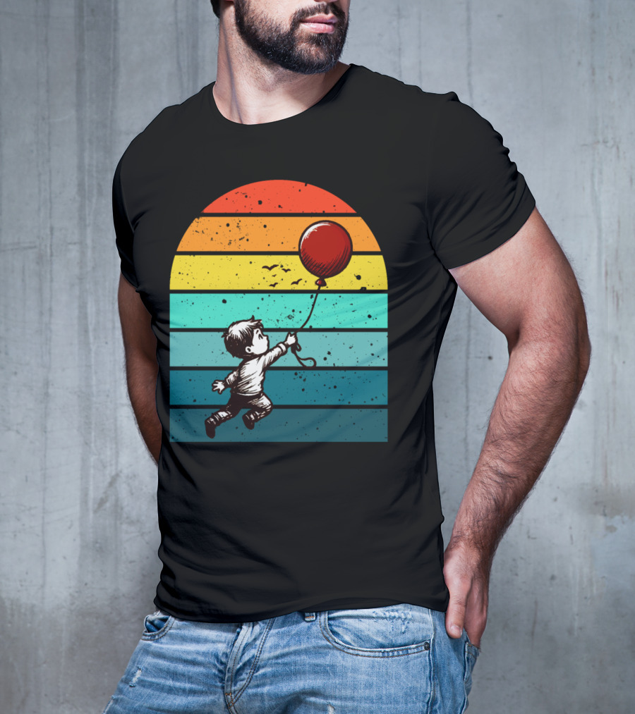 Childhood Nostalgia Boy With Balloon Rainbow Stripes T-Shirt