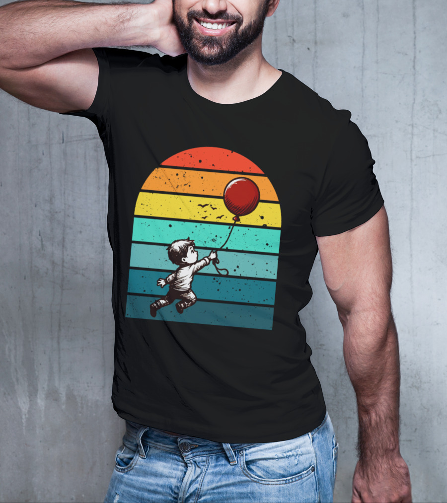 Childhood Nostalgia Boy With Balloon Rainbow Stripes T-Shirt