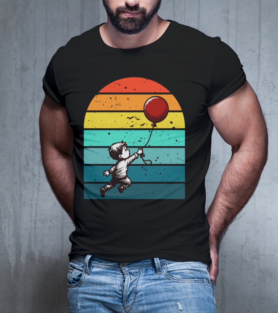 Childhood Nostalgia Boy With Balloon Rainbow Stripes T-Shirt