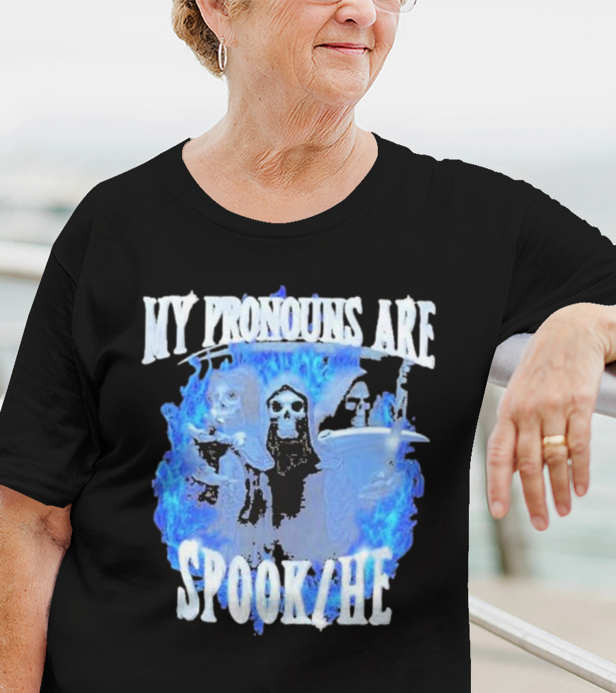 My Pronouns Are Spook He Blue Flames Grim Reaper Trio T-Shirt