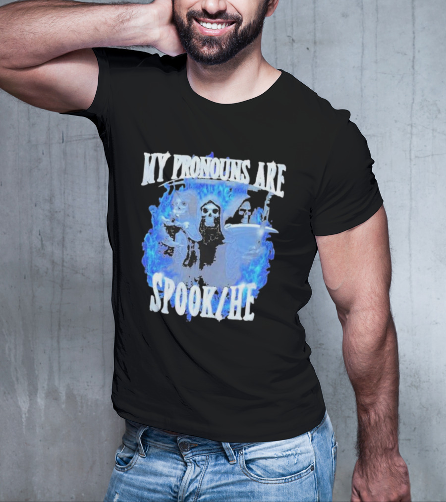 My Pronouns Are Spook He Blue Flames Grim Reaper Trio T-Shirt