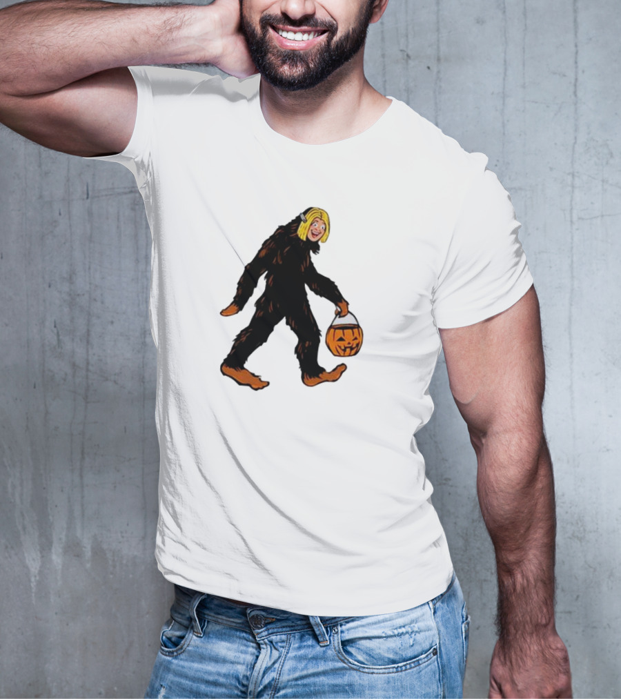 Mystical Halloween Sasquatch Holding Pumpkin Bucket Spooky Costume T-Shirt