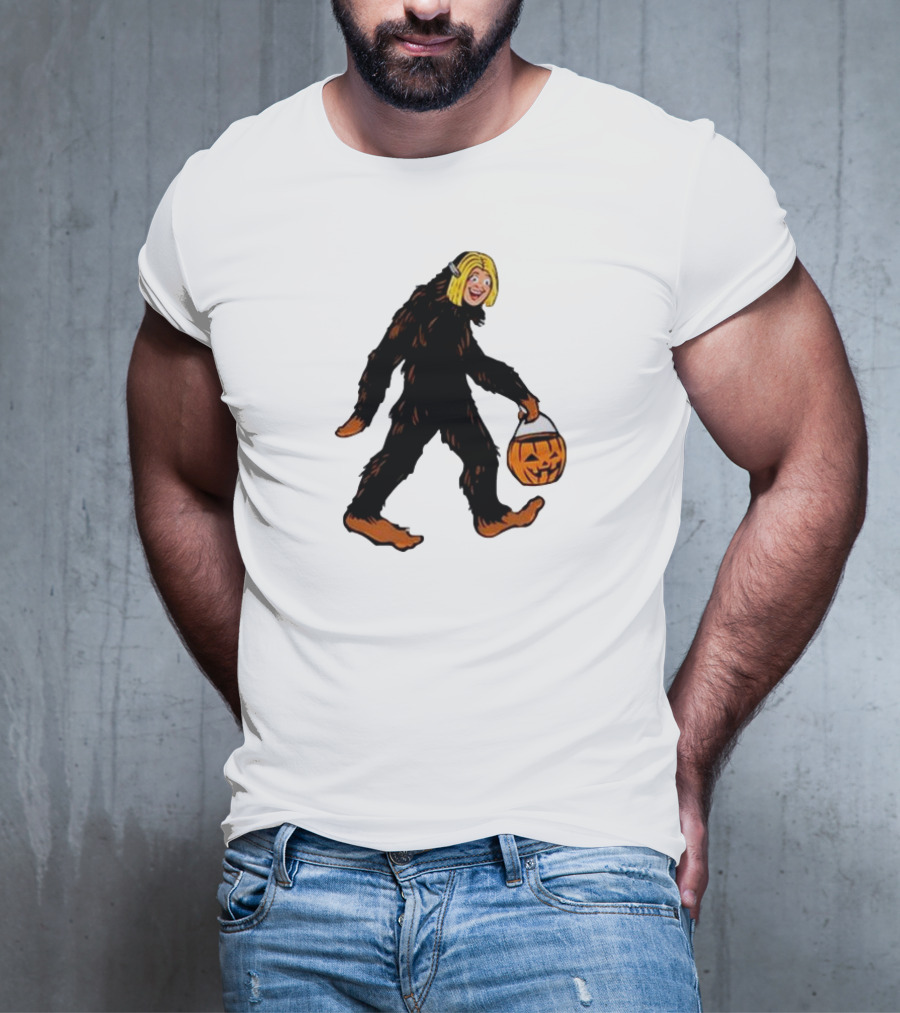 Mystical Halloween Sasquatch Holding Pumpkin Bucket Spooky Costume T-Shirt