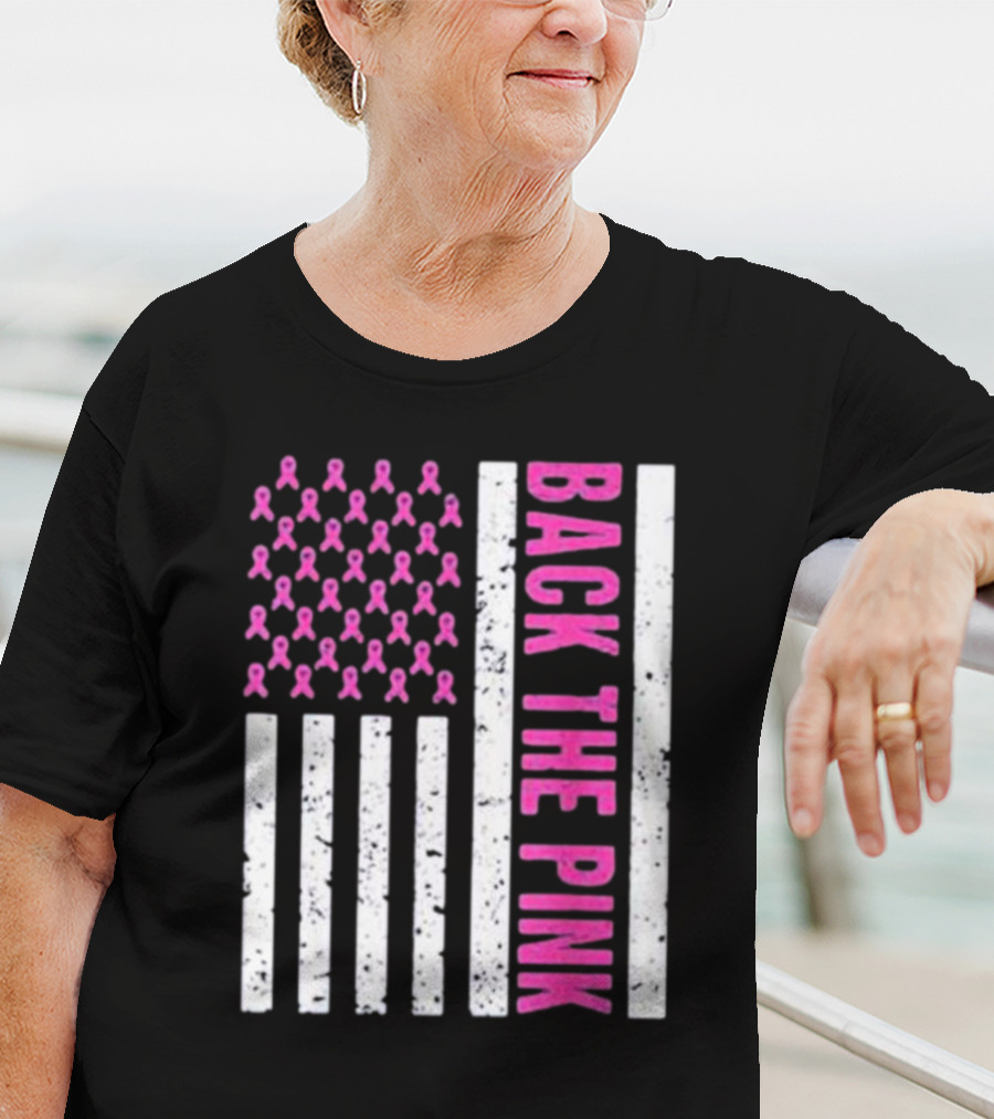 Back The Pink Breast Cancer Awareness American Flag Ribbons T-Shirt