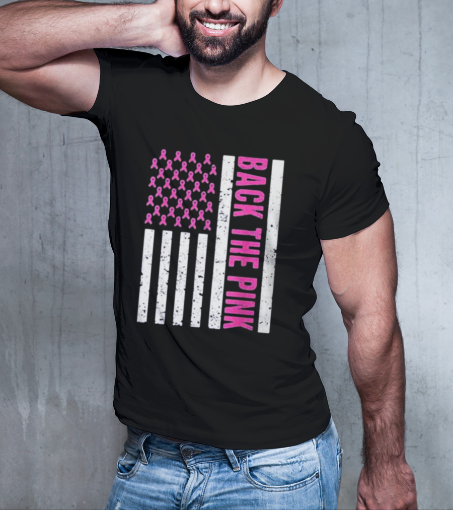 Back The Pink Breast Cancer Awareness American Flag Ribbons T-Shirt
