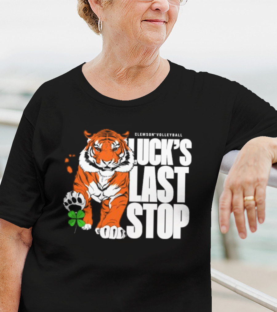 Clemson Volleyball Tiger Luck's Last Stop Tiger Paw With Clover T-Shirt