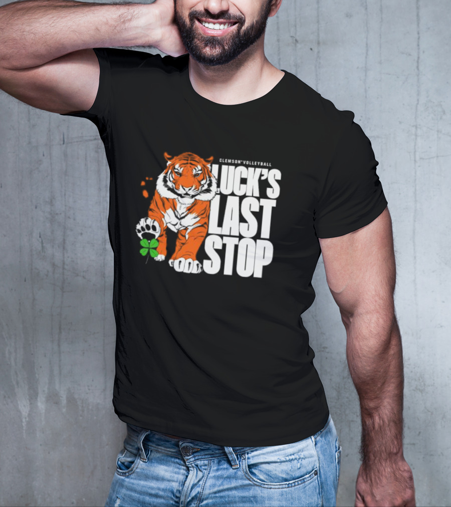 Clemson Volleyball Tiger Luck's Last Stop Tiger Paw With Clover T-Shirt