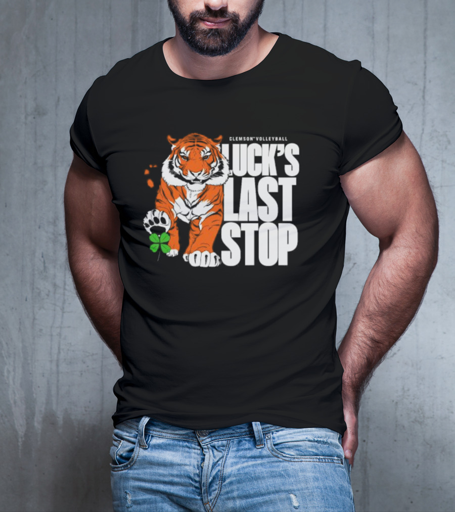 Clemson Volleyball Tiger Luck's Last Stop Tiger Paw With Clover T-Shirt