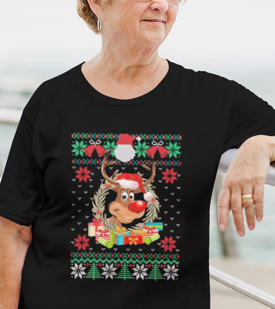 Reindeer Santa Hat Funny Ugly Christmas With Gifts And Snowflakes T-Shirt