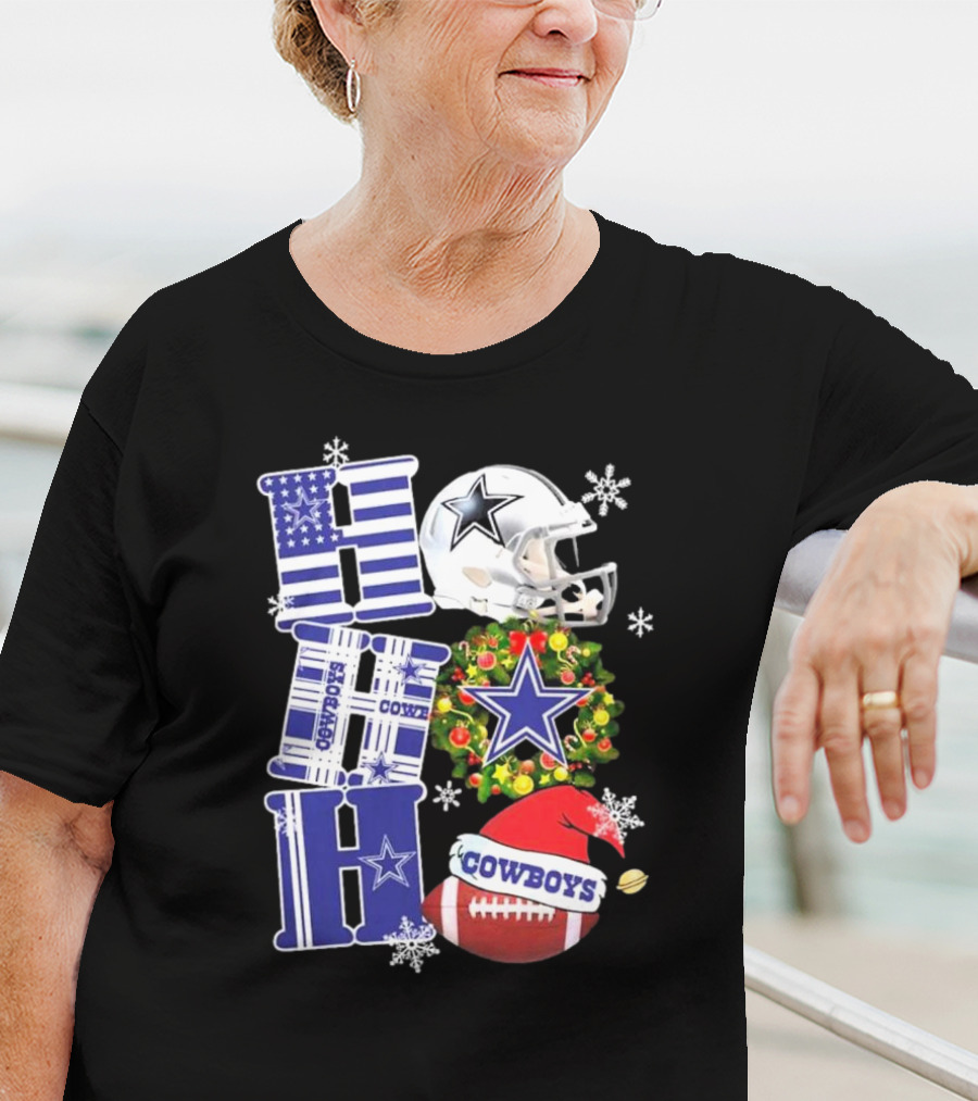 Dallas Cowboys Ho Ho Ho Merry Christmas Football Helmet Wreath Snowflakes T-Shirt