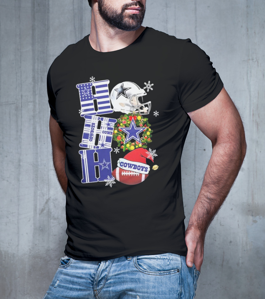 Dallas Cowboys Ho Ho Ho Merry Christmas Football Helmet Wreath Snowflakes T-Shirt