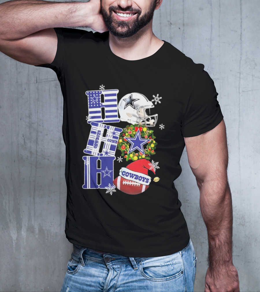 Dallas Cowboys Ho Ho Ho Merry Christmas Football Helmet Wreath Snowflakes T-Shirt