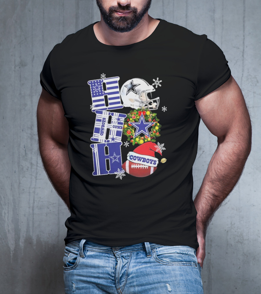 Dallas Cowboys Ho Ho Ho Merry Christmas Football Helmet Wreath Snowflakes T-Shirt