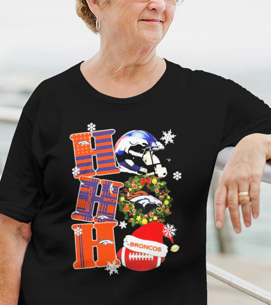 Denver Broncos Ho Ho Ho Merry Christmas Football Helmet Wreath Snowflakes Santa Hat T-Shirt