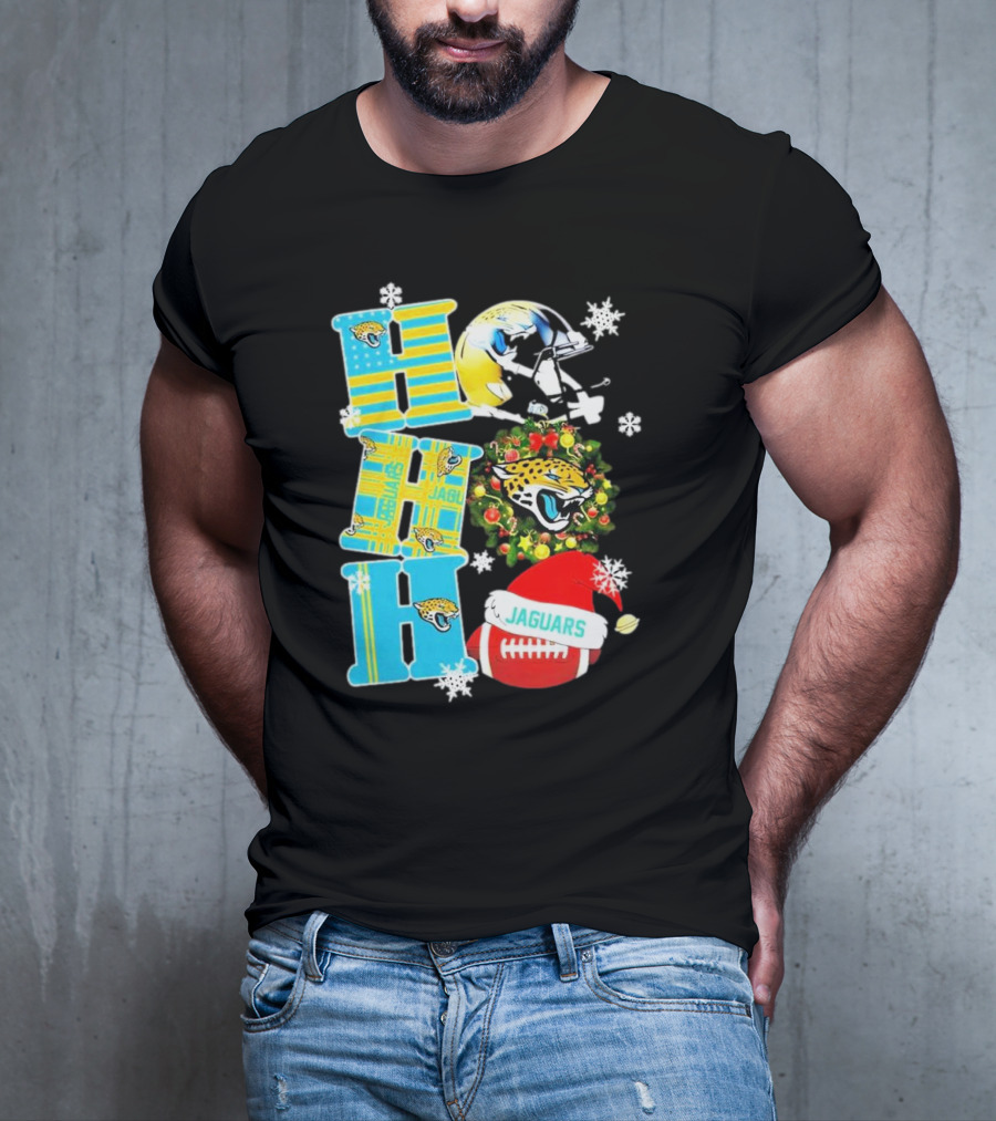 Jacksonville Jaguars Ho Ho Ho Merry Christmas Football Santa Hat Snowflakes Wreath T-Shirt