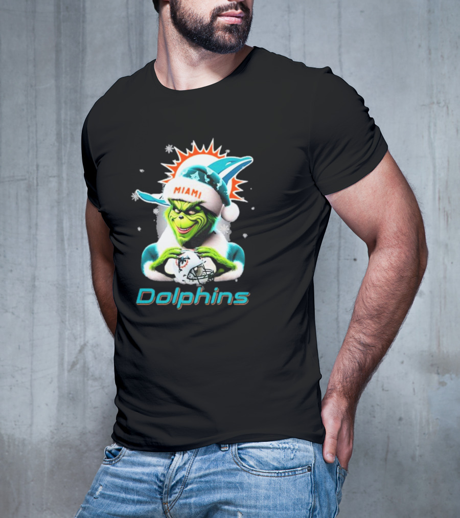 Miami Dolphins Christmas Grinch Santa Hat T-Shirt