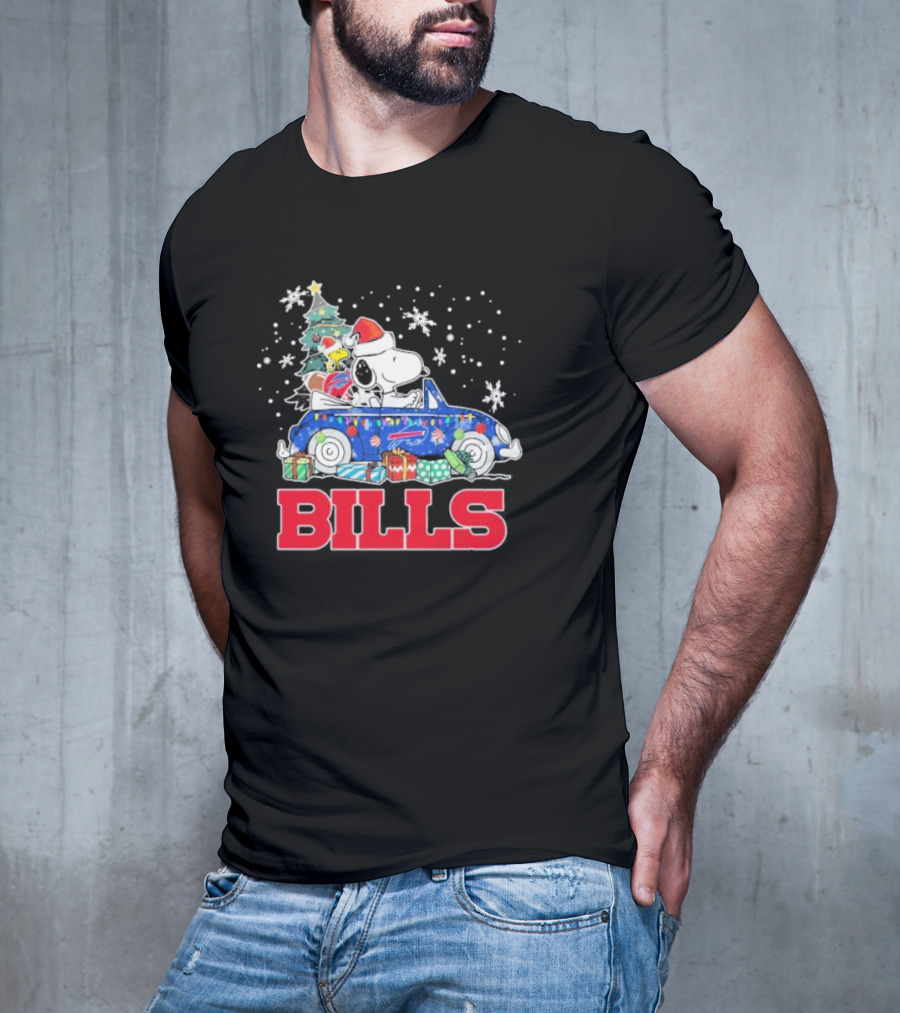 Peanuts Snoopy Woodstock Christmas Car Buffalo Bills Flag Winter Snowflakes T-Shirt