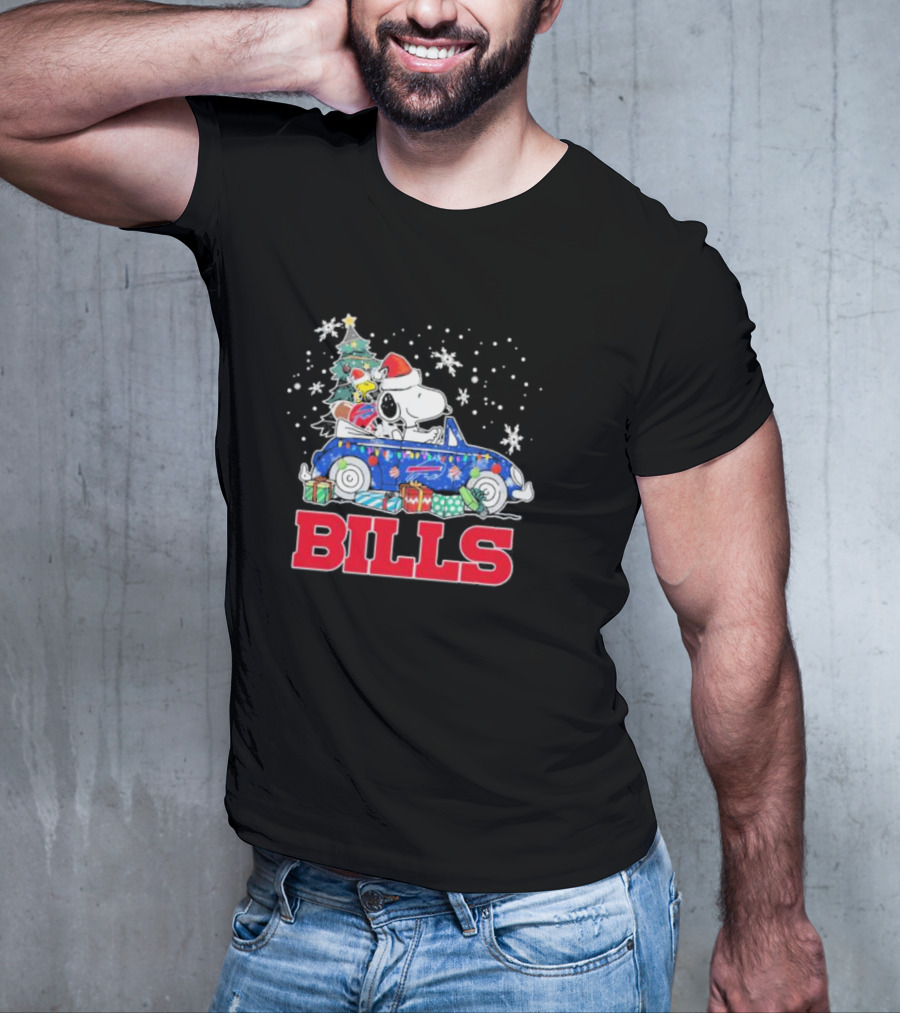 Peanuts Snoopy Woodstock Christmas Car Buffalo Bills Flag Winter Snowflakes T-Shirt