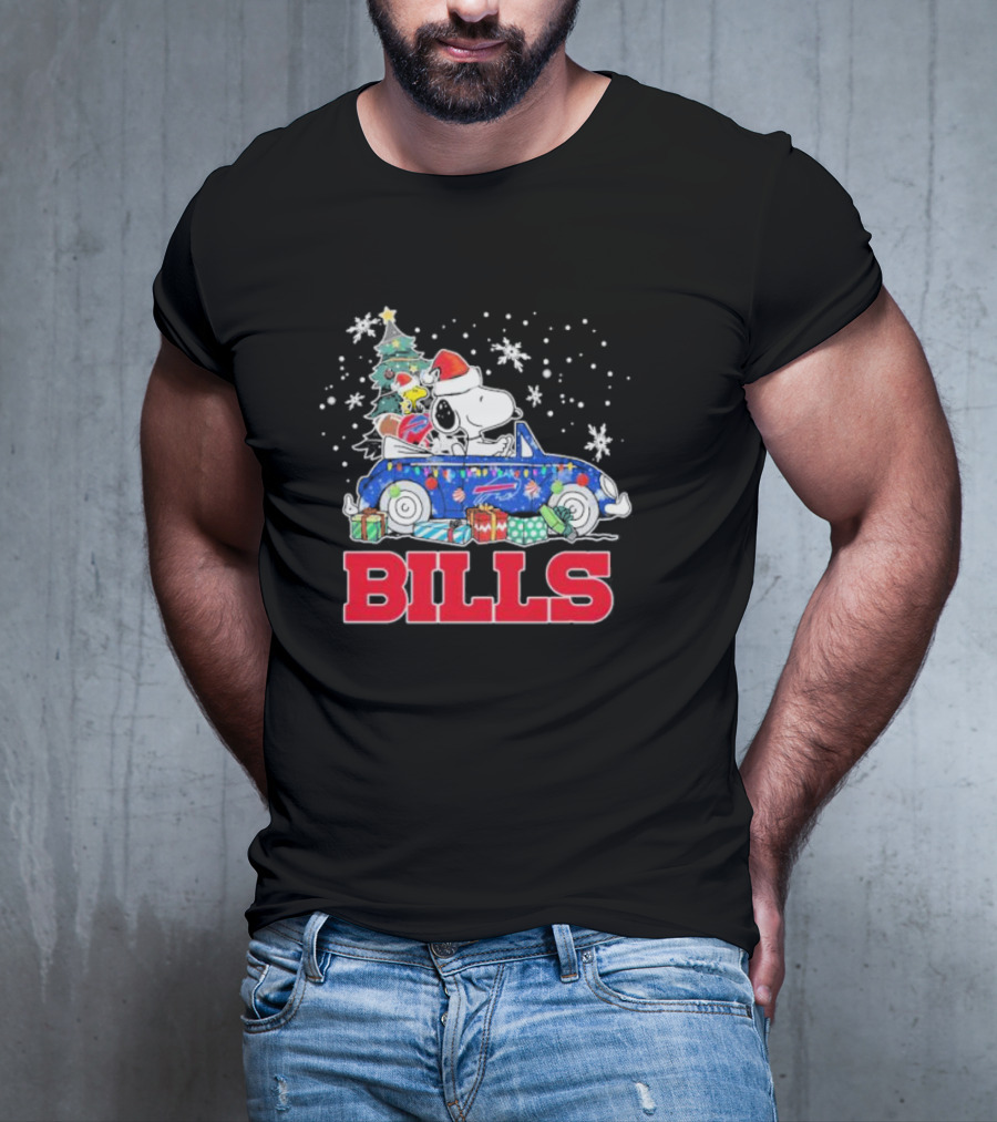 Peanuts Snoopy Woodstock Christmas Car Buffalo Bills Flag Winter Snowflakes T-Shirt