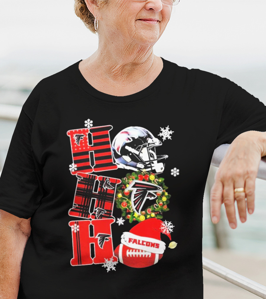 Atlanta Falcons Ho Ho Ho Merry Christmas Helmet Wreath Snowflakes Football Holiday T-Shirt