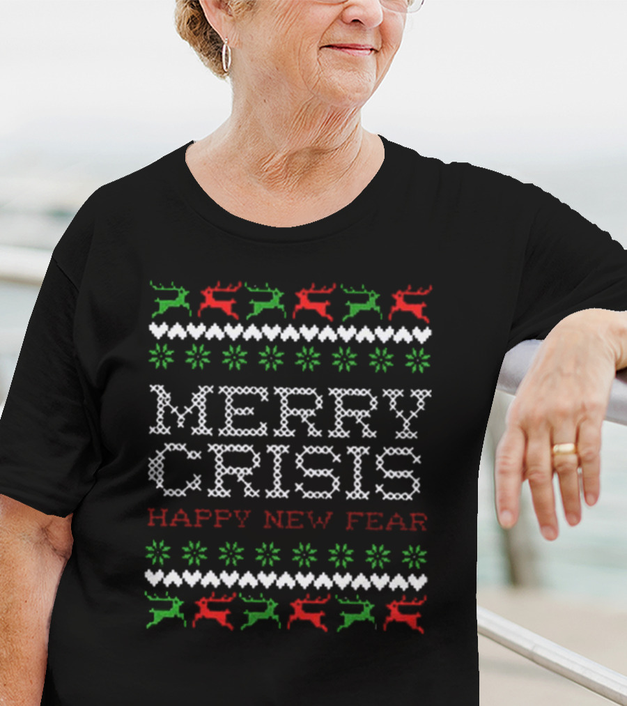 Merry Crisis Happy New Fear Ugly Christmas Sweater Style Cross-Stitch Reindeer T-Shirt