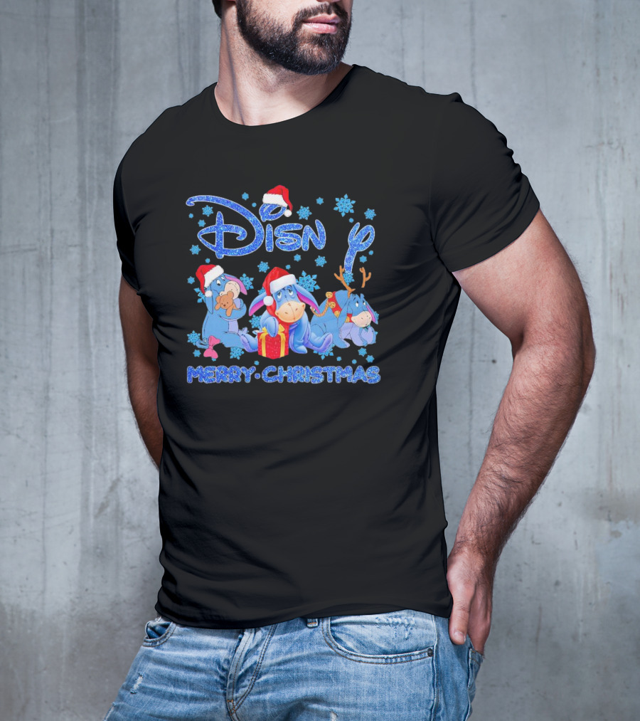Disney Eeyore Santa Hat Winnie-the-Pooh Merry Christmas Snowflakes T-Shirt
