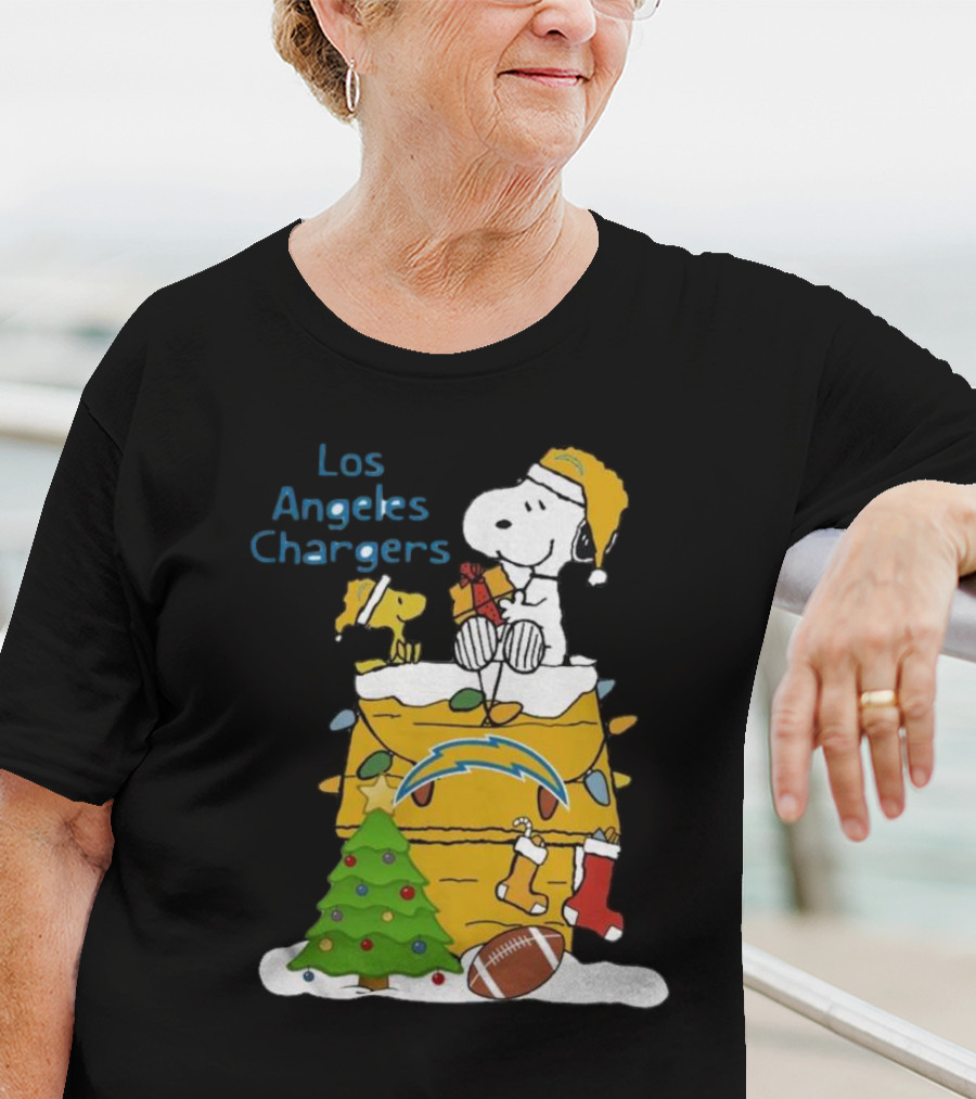 Santa Snoopy Woodstock Los Angeles Chargers Christmas Tree Football Socks T-Shirt