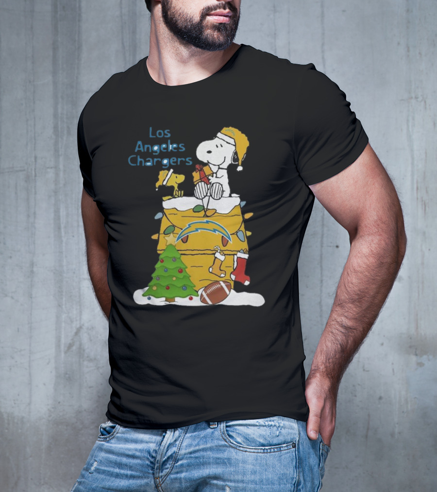 Santa Snoopy Woodstock Los Angeles Chargers Christmas Tree Football Socks T-Shirt