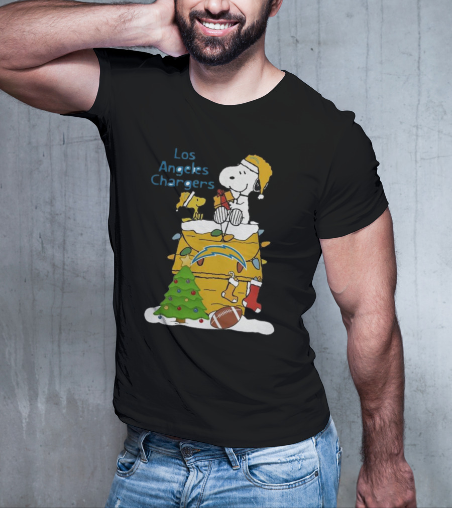 Santa Snoopy Woodstock Los Angeles Chargers Christmas Tree Football Socks T-Shirt