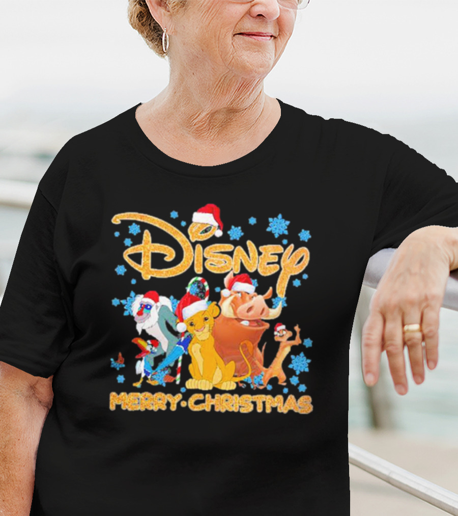 Disney Merry Christmas The Lion King Characters Santa Hats Snowflakes T-Shirt