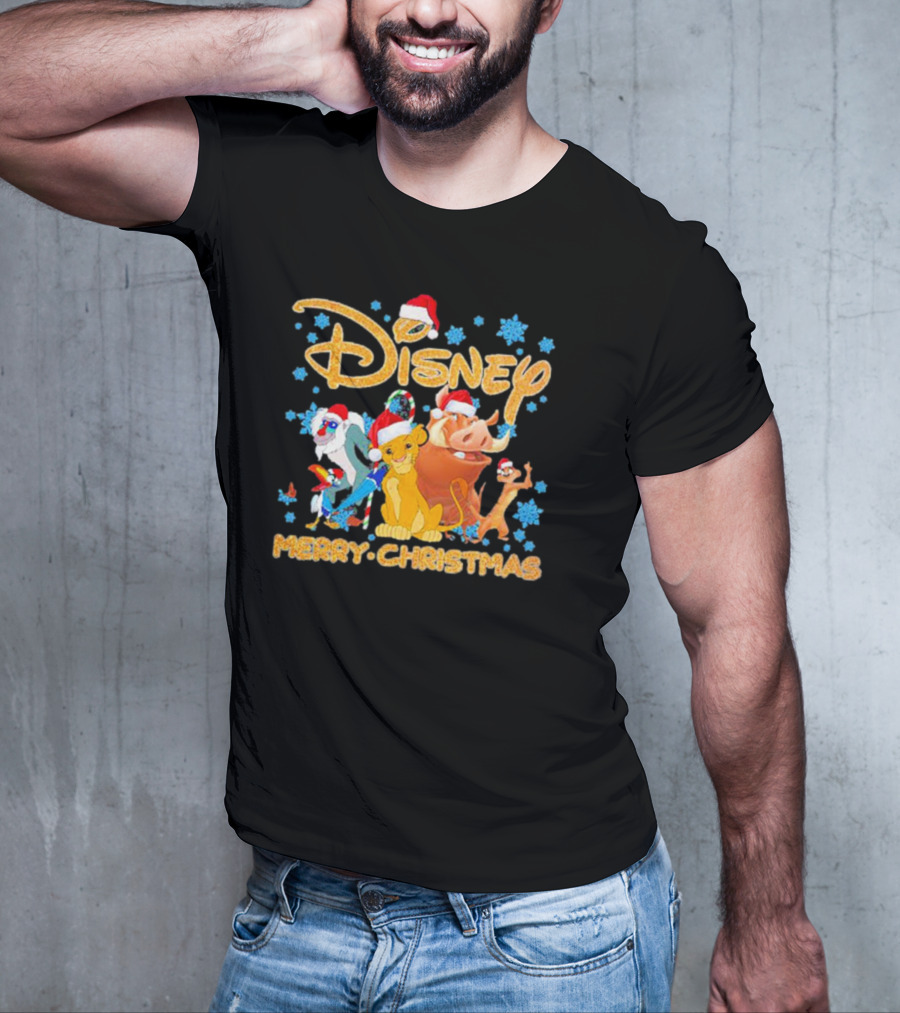 Disney Merry Christmas The Lion King Characters Santa Hats Snowflakes T-Shirt