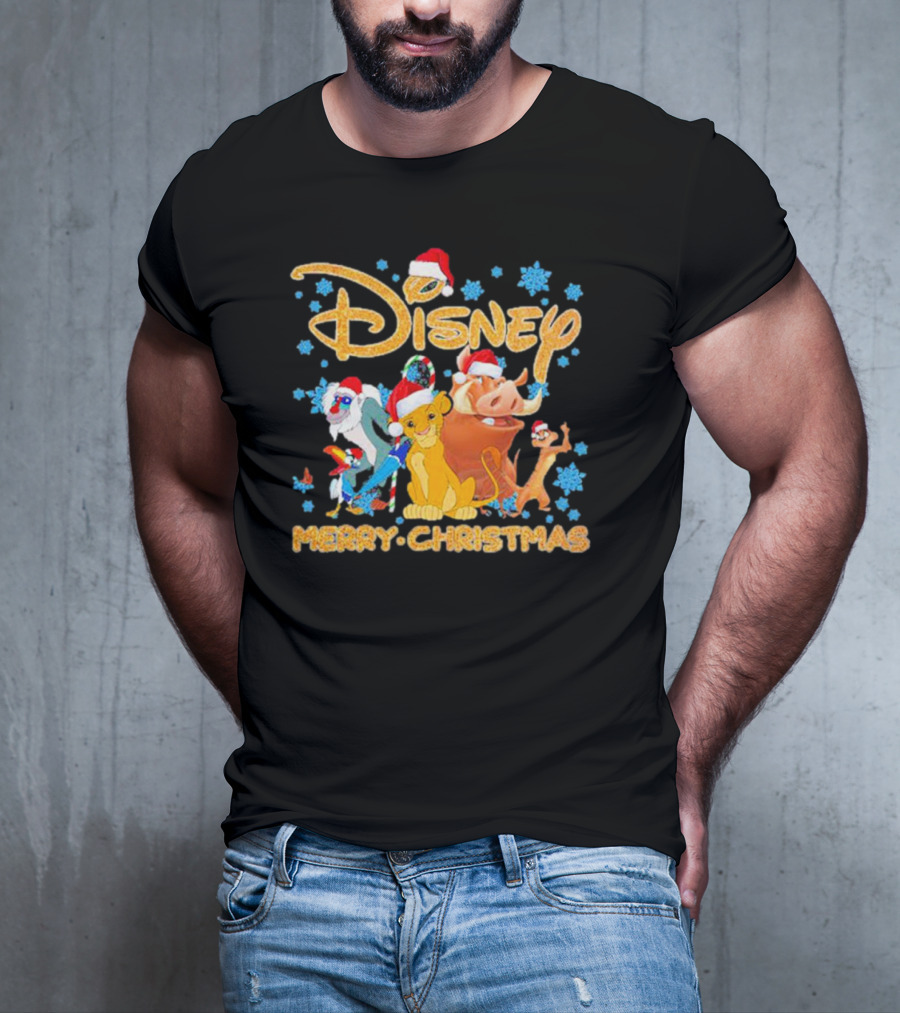 Disney Merry Christmas The Lion King Characters Santa Hats Snowflakes T-Shirt