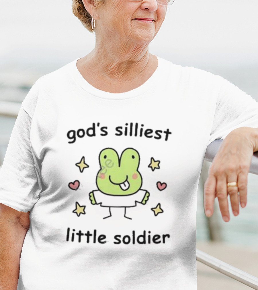 God's Silliest Little Soldier Cute Cartoon Frog With Stars And Hearts T-Shirt