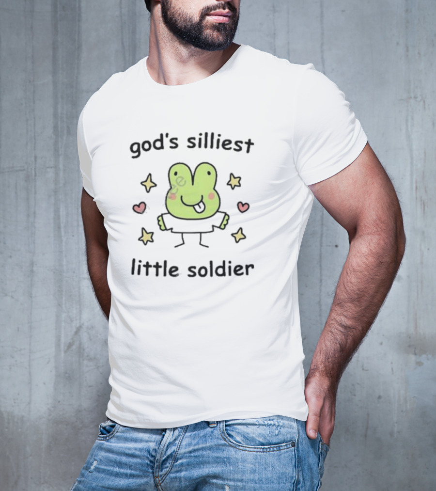 God's Silliest Little Soldier Cute Cartoon Frog With Stars And Hearts T-Shirt