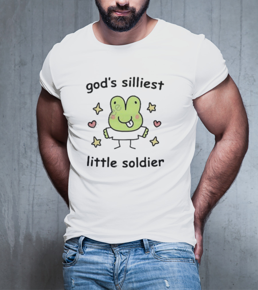 God's Silliest Little Soldier Cute Cartoon Frog With Stars And Hearts T-Shirt