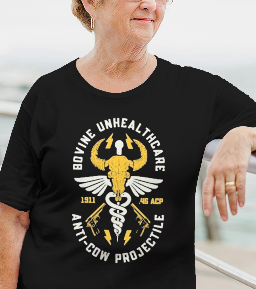 Bovine Unhealthcare Anti-cow Projectile 1911 .45 ACP Lightning Pistols Caduceus Skull Wings T-Shirt