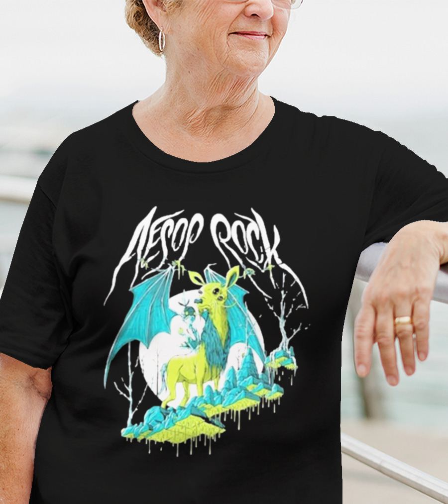 Aesop Rock Mythical Creature With Bat Wings And Moon Background T-Shirt