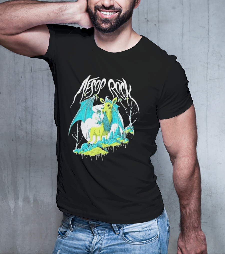 Aesop Rock Mythical Creature With Bat Wings And Moon Background T-Shirt