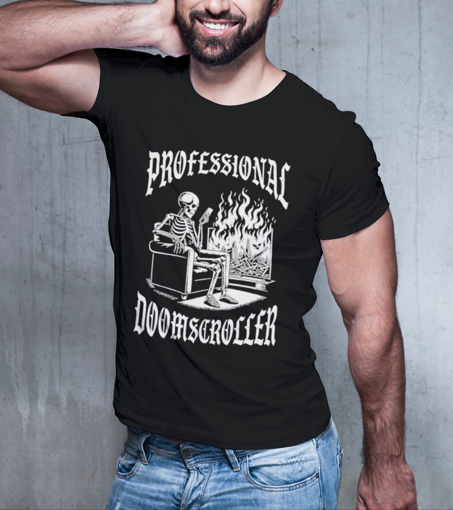 Professional Doomscroller Skeleton By Fireplace T-Shirt
