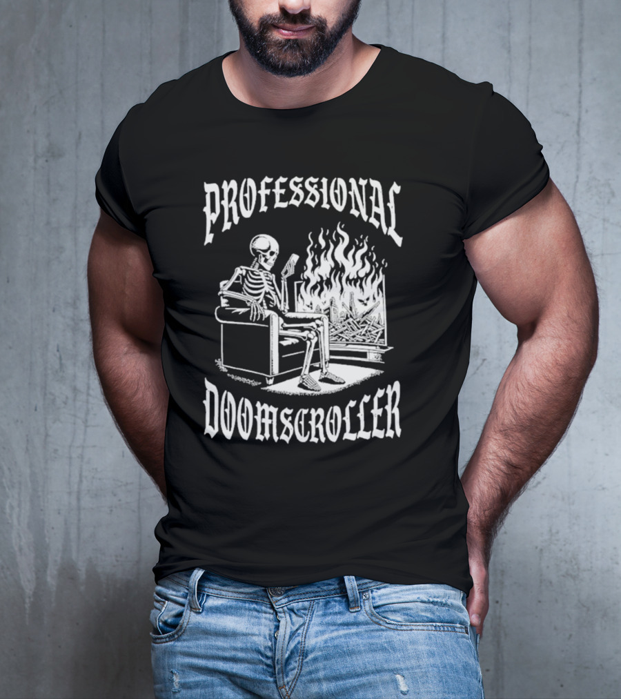 Professional Doomscroller Skeleton By Fireplace T-Shirt