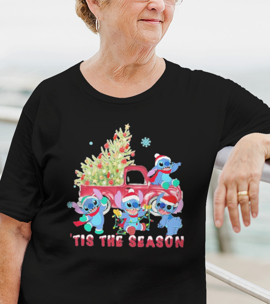 Stitch Tis The Season Christmas Santa Claus With Tree And Truck T-Shirt