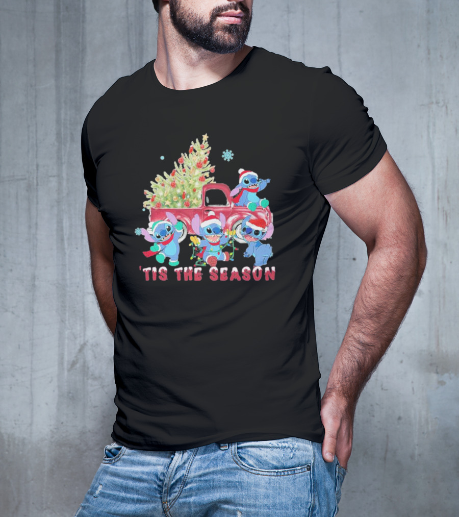 Stitch Tis The Season Christmas Santa Claus With Tree And Truck T-Shirt