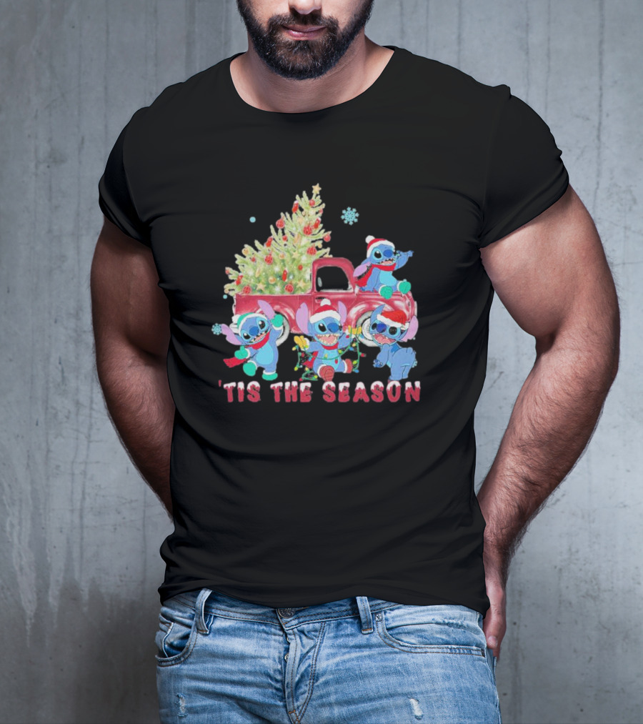 Stitch Tis The Season Christmas Santa Claus With Tree And Truck T-Shirt