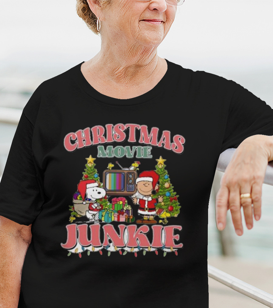 Christmas Movie Junkie Snoopy And Charlie Brown Festive TV Scene T-Shirt