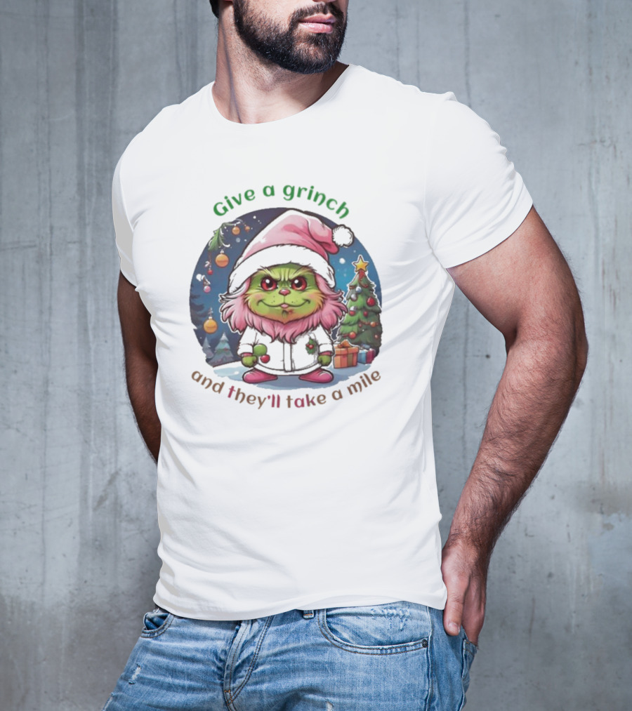 Chibi Pink Grinch Christmas Scene Give A Grinch And They’ll Take A Mile T-Shirt
