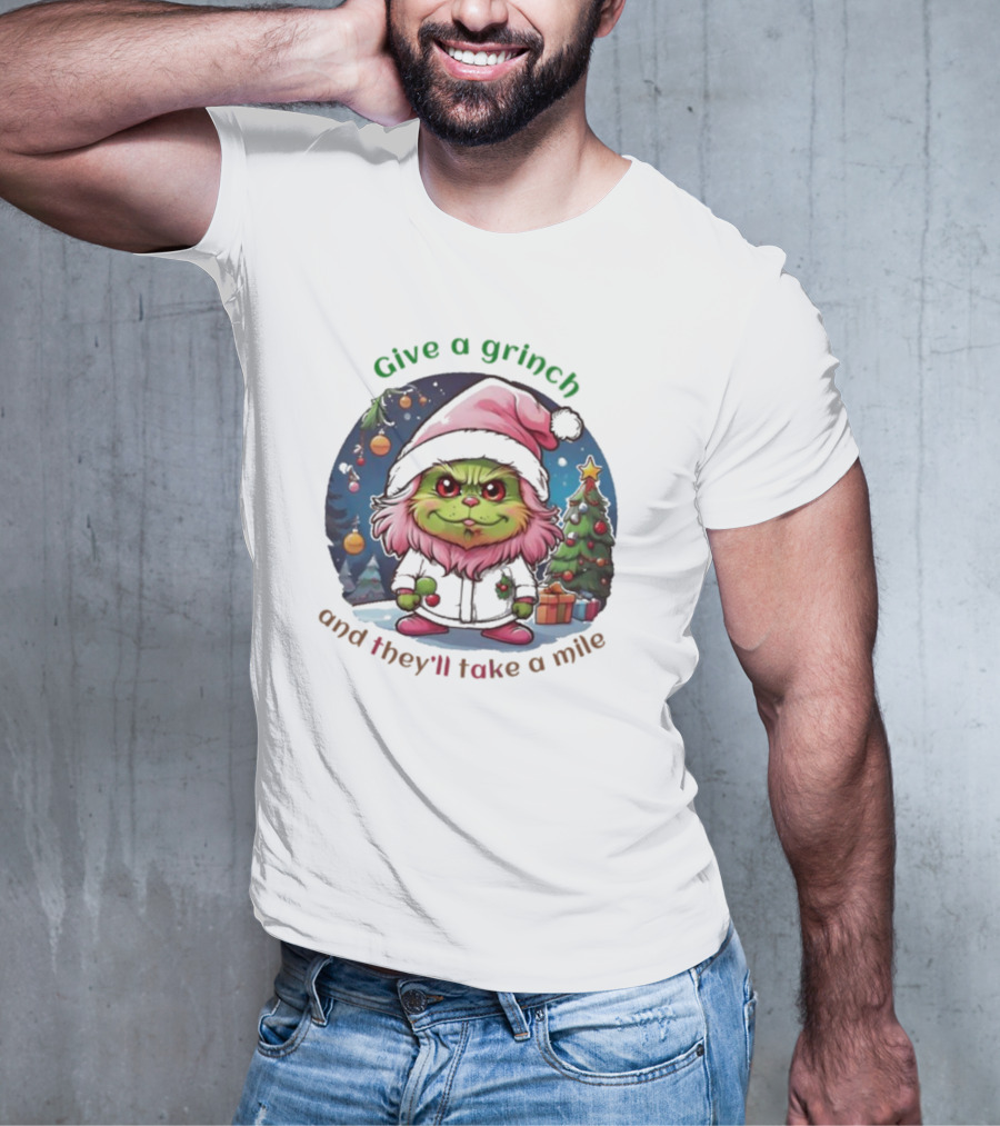 Chibi Pink Grinch Christmas Scene Give A Grinch And They’ll Take A Mile T-Shirt