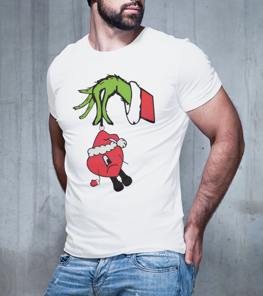 Grinch Hand Holding Santa Hat Bad Bunny Xmas T-Shirt