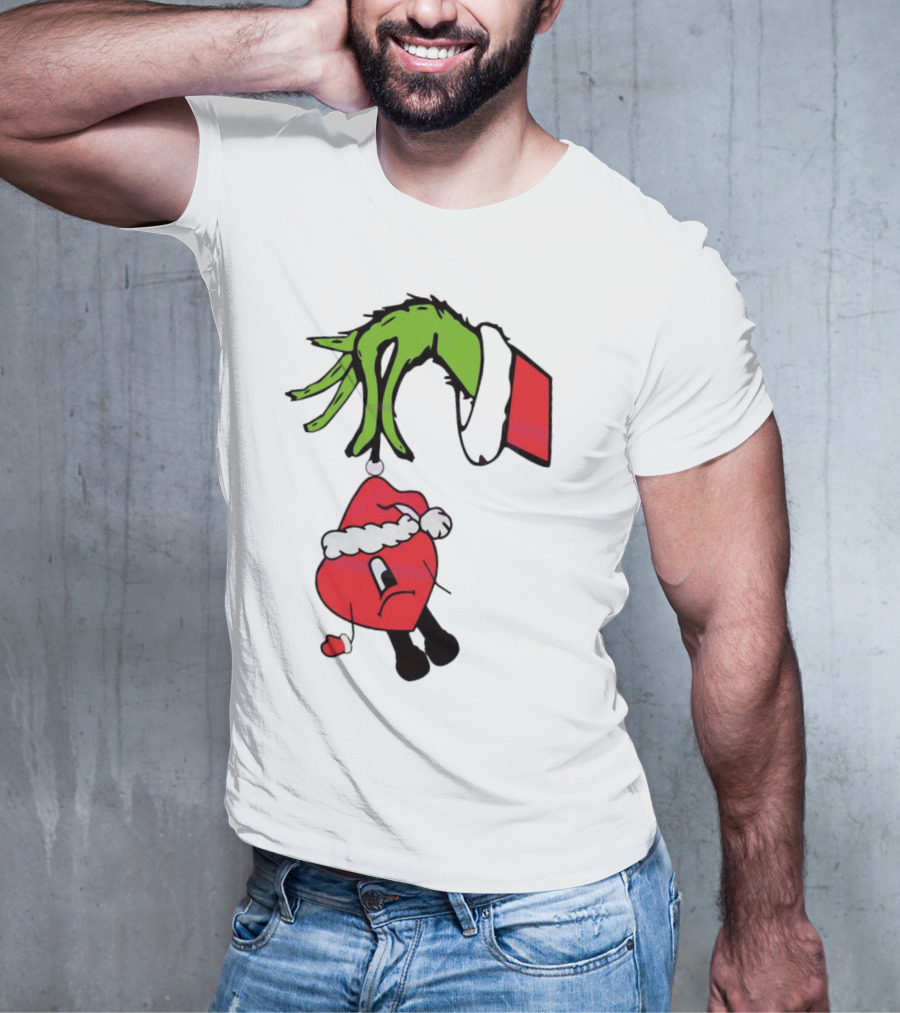 Grinch Hand Holding Santa Hat Bad Bunny Xmas T-Shirt