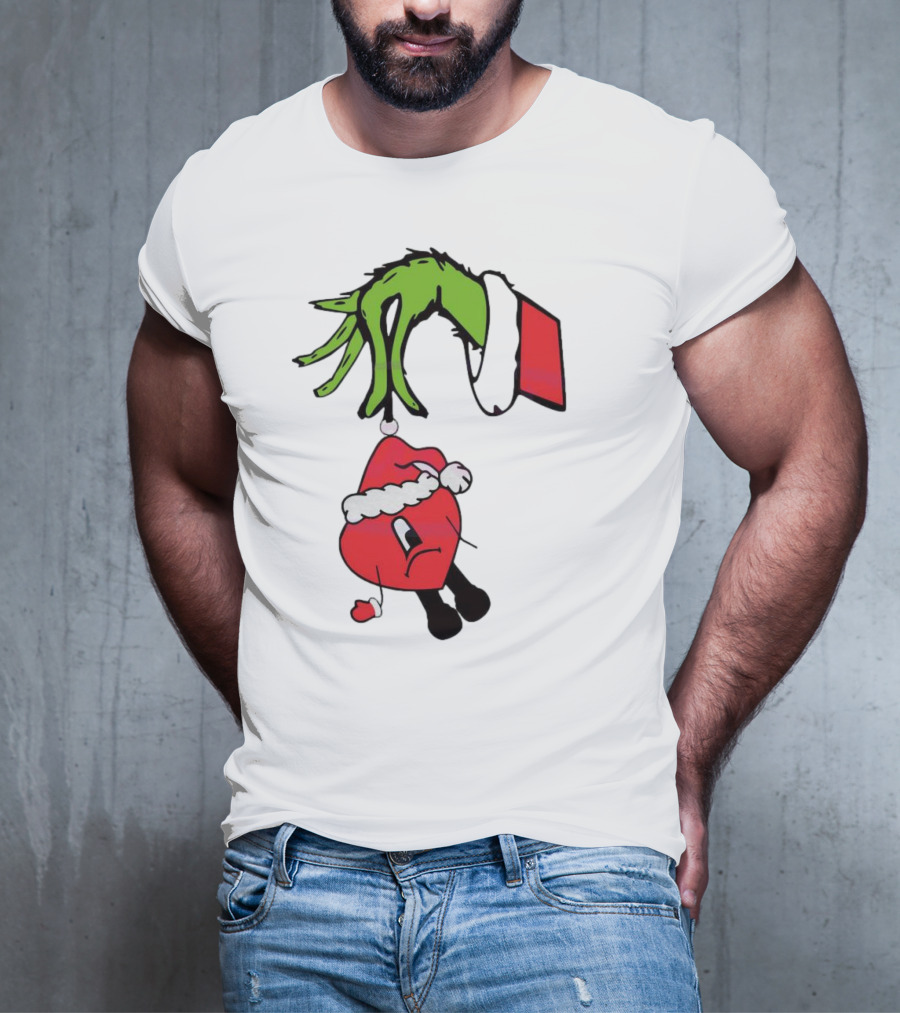 Grinch Hand Holding Santa Hat Bad Bunny Xmas T-Shirt